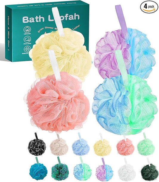 Amazerbst 4 Pack Bath Sponges Mesh Balls Shower Loofahs Wash Back Body Cleaning Scrubber Exfoliator Loofah Sponge Bathing Accessories Women Men