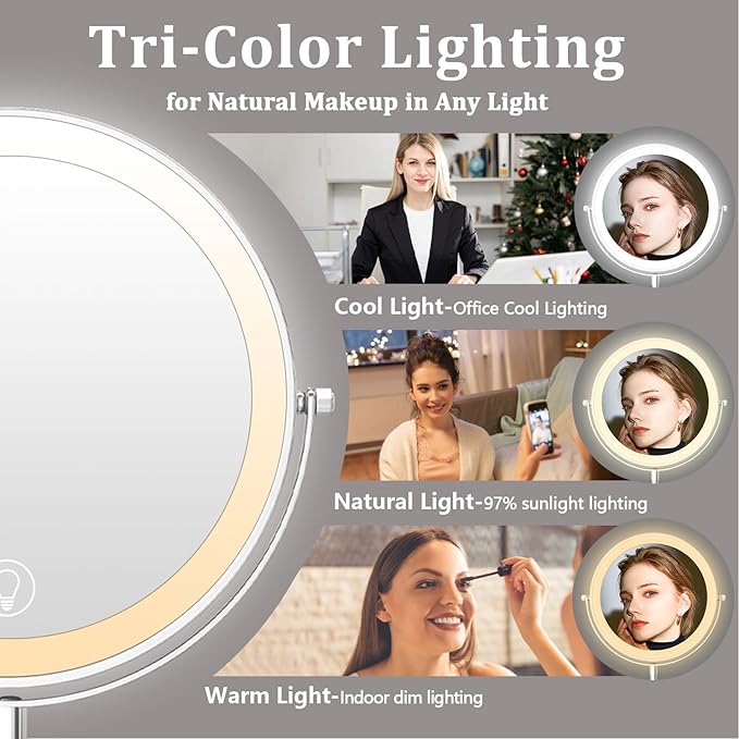 9in Vanity Mirror with Lights, Rechargeable 5000mAh Lighted Makeup Mirror, 1X/20X Double Sided Magnifying Mirror, 360° Rotate, 3 Color Lights, Up to 3800lux with 60 LEDs, Brightness Adjustable,Silvery