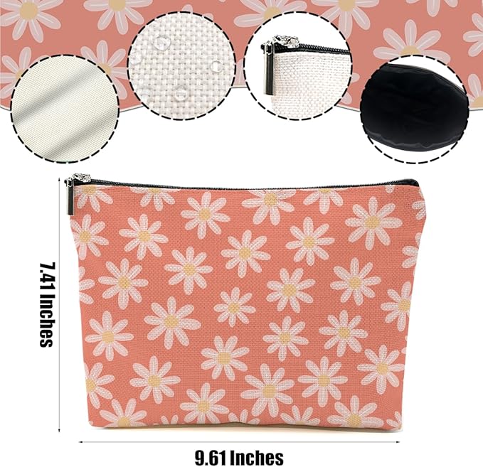 2pcs Daisy Floral Makeup Bag, Travel Essential Cosmetic Bag Garden Flower Gifts for Women Female Girls Sister BFF Nature Lover, Travel Zipper Pouch Christmas Thanksgiving Birthday Gifts