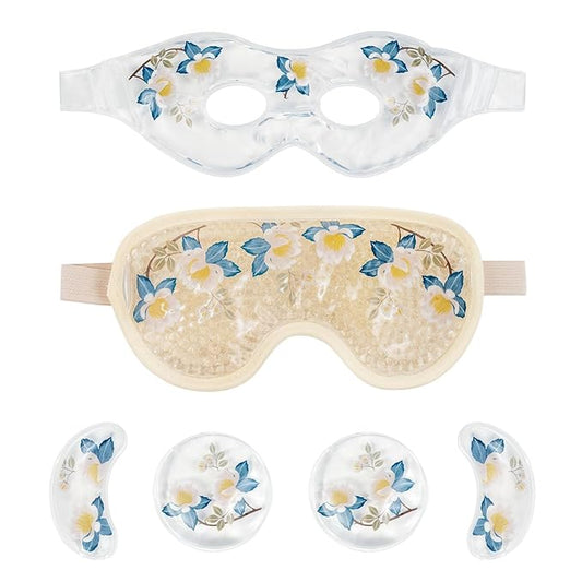 4 PCS Cooling Eye Mask Set - Ice Face Mask with Camellia Essential Oil, Cold Eye Compress and Reusable Gel Pads for Eyes Puffiness, Migraine Headache, Dark Circles, Dry Eyes