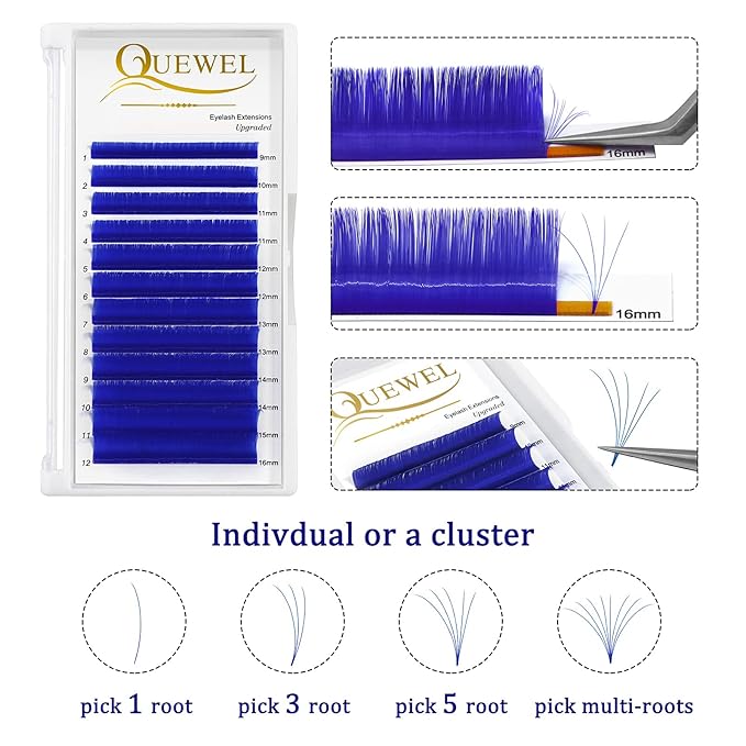QUEWEL Easy Fan Volume Lashes .07 D Curl Blue Lash Extensions 9-16mm Mixed Tray Color Self Fanning 2D-10D Eyelash Extensions (Blue 0.07 D 9-16mm)