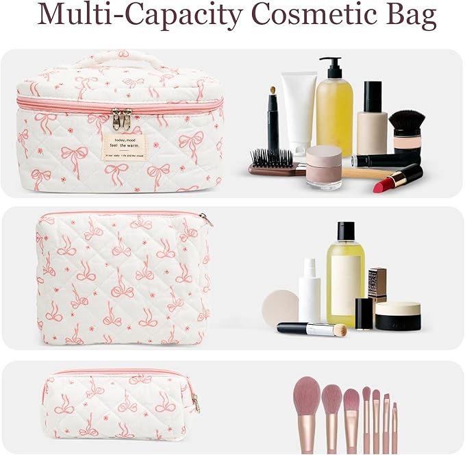 3Pcs Cotton Quilted Makeup Bag Set,Large Floral Cosmetic Bag,Aesthetic Toiletry Travel Makeup Bag Set and Cute Flower Bag for Women Girls (Flower Bow)