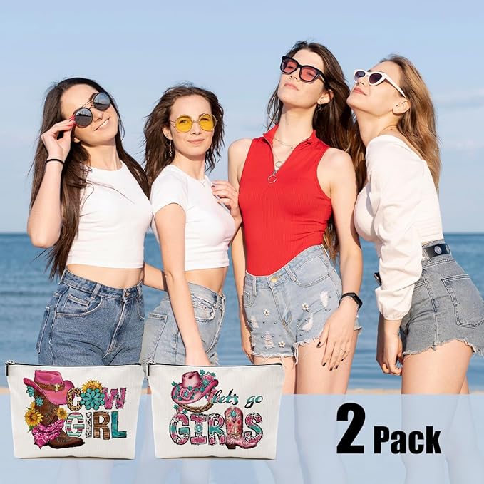 2pcs Western Makeup Bag, Let's Go Girls Cowgirl Hat Boots Cosmetic Bag Cowgirl Gifts for Women Female Girls Sister BFF, Cowboy Boots Gifts Christmas Birthday Gift, Western Stuff Travel Toiletry Bags