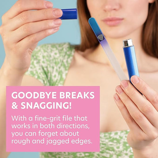 Bona Fide Beauty Glass Nail File with Case, Aqua Cobalt Czech Glass Fingernail Files Handcrafted from The EU. Ideal Nail Care Tool for Natural Nails.