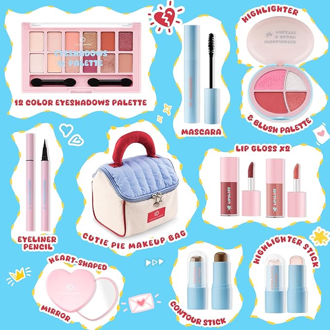 Color Nymph Girls Makeup Kit For Teen Girls & Women with Cutie Pie Handbag, All In One Girl Makeup Sets for Women Full Kit with Eye shadow, Face Blush Contour Highlighter Lipgloss Mascara and Mirror