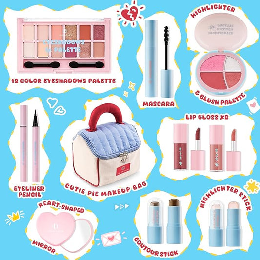 Color Nymph Girls Makeup Kit For Teen Girls & Women with Cutie Pie Handbag, All In One Girl Makeup Sets for Women Full Kit with Eye shadow, Face Blush Contour Highlighter Lipgloss Mascara and Mirror