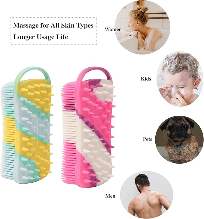 2 PC Silicone Exfoliating Body Scrubber, 2 in 1 Silicone Body Shampoo Brush, Soft Silicone Loofah for Sensitive Skin, Shower Silicone Hair Scalp Massager, Easy to Clean, Lather Well (Purple&Yellow)