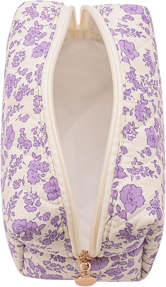 Gleyemor Small Quilted Makeup Bag for Women, Cute Floral Bow Cosmetic Bag, Emergency Bag Travel Toiletry Cotton Pouch Gifts for Girls Her Mom Friend Sister Bridesmaid (Purple Floral)