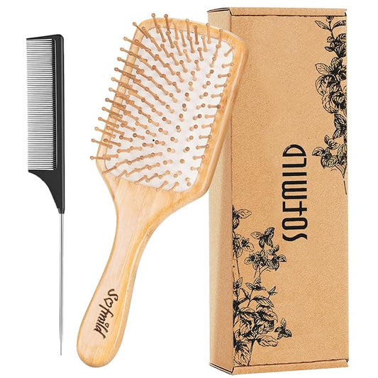 Hair Brush-Natural Wooden Bamboo Brush and Detangle Tail Comb, Paddle Hairbrush for Women Men and Kids Make Thin Long Curly Hair Health and Massage Scalp