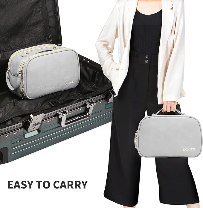 BOOMRICH Large Travel Makeup Bag, Cosmetic Bag, Toiletry Bag for Women, Water-Resistant Leather Toiletry Organizer, Dopp Kit for Toiletries Accessories, Blue Grey