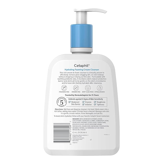 Cetaphil Cream to Foam Face Wash, Hydrating Foaming Cream Cleanser, 16 oz, For Normal to Dry, Sensitive Skin, with Soothing Prebiotic Aloe, Hypoallergenic, Fragrance Free