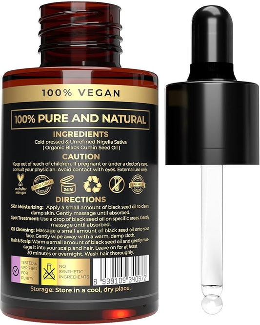 The Organic Forest VEGAN . PURE . NATURAL 100% Pure Black Seed Oil, Organic Cold-Pressed Nigella Sativa Oil for Skin & Hair, USDA Certified, Black Cumin Seed Oil for Moisturizing