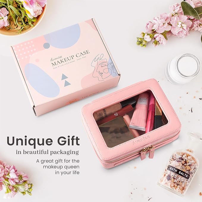 Aveniee Clear Makeup Bag Organizer, Portable Travel Toiletry Cosmetic Bag Case for Women, Heavy Duty Make Up Pouch with Transparent Vinyl Windows & Gold Zippers(Pink)