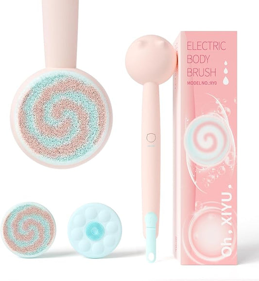 Electric Back Scrubber for Shower Body Brush, Automatic Body Scrubber for Cleansing, Massaging and Exfoliating, Rechargeable Bath Brush with 2 Heads, 3 Speeds & Waterproof, Berry Pink