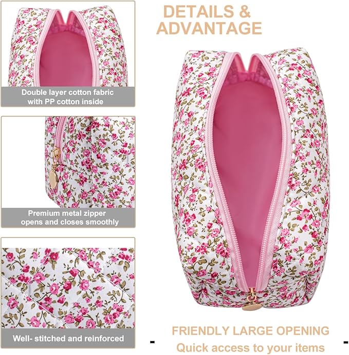 Gleyemor Small Quilted Makeup Bag for Women, Cute Floral Bow Cosmetic Bag, Emergency Bag Travel Toiletry Cotton Pouch Gifts for Girls Her Mom Friend Sister Bridesmaid (Red Small Flower)