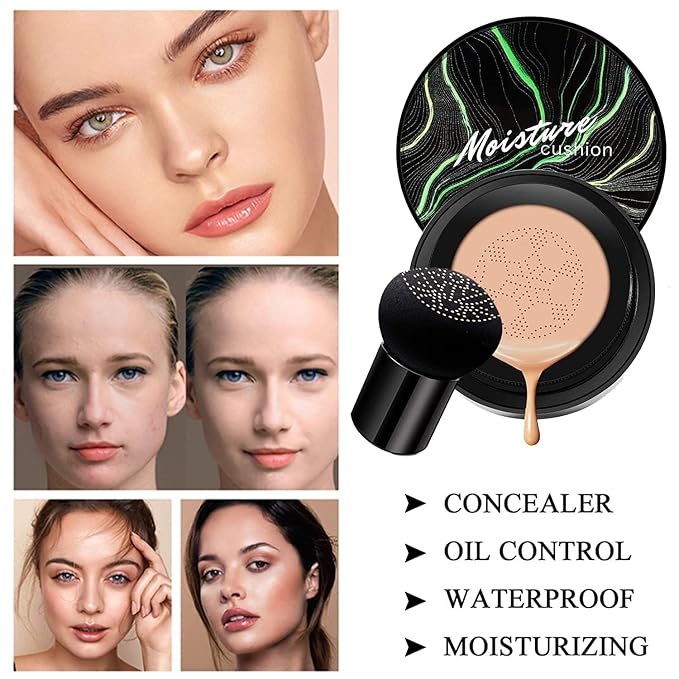 2 PCS Mushroom Head Air Cushion CC Cream Nature Foundation,Foundation Brush Powder Brush,Moisturizing Concealer, Bright Makeup Base Long Lasting with Mushroom Makeup Sponge(#02 Natural)