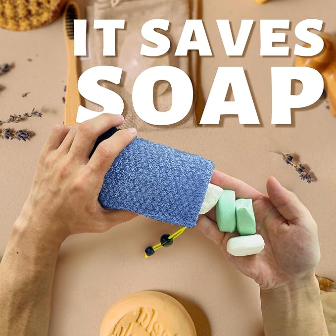 MIG4U Exfoliating Soap Bag for Shower 2 Pieces - Bar Soap Saver Pouch, Bamboo Body Scrubber Exfoliator Pocket in Travel Bathing, Blue