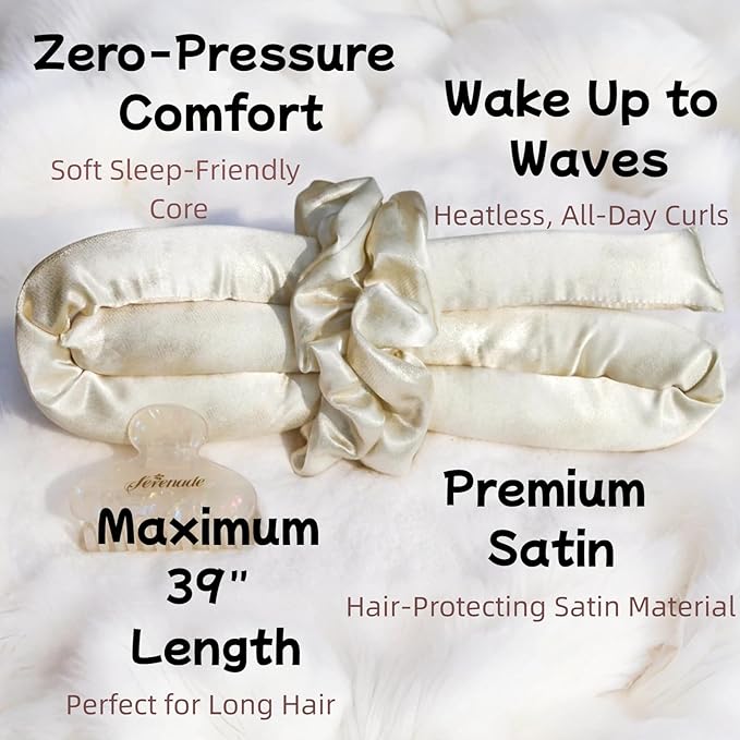 Serenade Sparkling Satin Heatless Curls Overnight, Heatless Hair Clurer Curling Rod Headband, No Heat Curling Rod Hair Roller for Women and Girls to sleep in, White