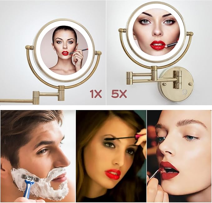 Brass Wall Mounted Makeup Vanity Mirror with Light and Magnification, 1X/5X Double Sided LED Lighted Personal Mirror for Bathroom, Swivel Extendable Arm, PVD Zirconium Gold, Plug Powered