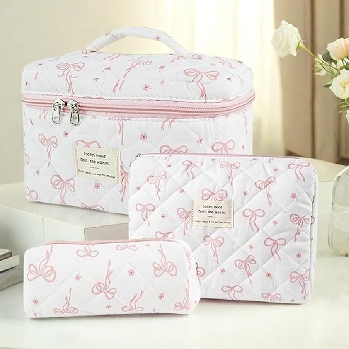 3 Pcs Quilted Makeup Bag Set,Coquette Bow Make Up Bag,Cute Floral Makeup Bags Large Toiletry Cosmetic Bag Organizer for Women Girls (O-3PCS)