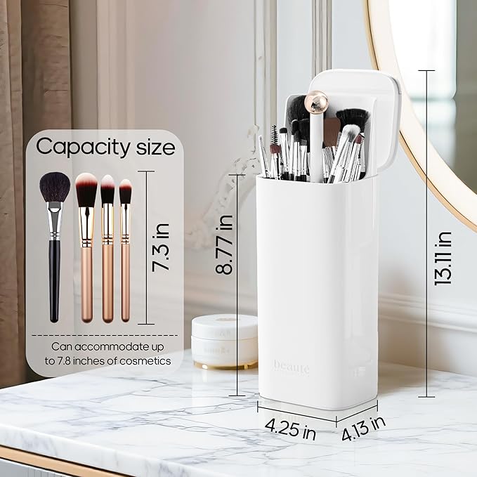 Makeup Brush Holder with Lid,One Touch Open 4 Slot Makeup Brush Case with Waterproof Dustproof,Brushes Storage Holder for Vanity, Dresser, Desk (White)