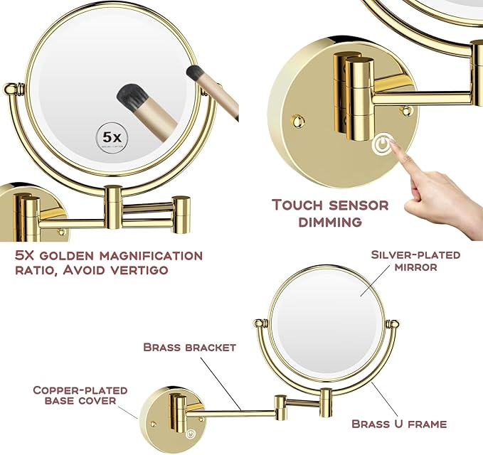 8 Inch Bathroom Makeup Mirror Wall Mount Mirror Swing Arm, Double Sided 1X/5X Hardwired Lighted Magnifying Mirror Wall Mounted, Luxury Brass PVD Zirconium Gold