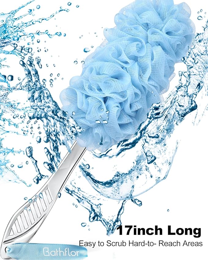 (2+1) Pack Back Scrubber for Shower，Loofah with Handle: 2PCS Long Handle Loofa Back Scrubber, 1PCS Luffa Hook, Charcoal Loofah Pack for Women Men Bath Wash, Blue