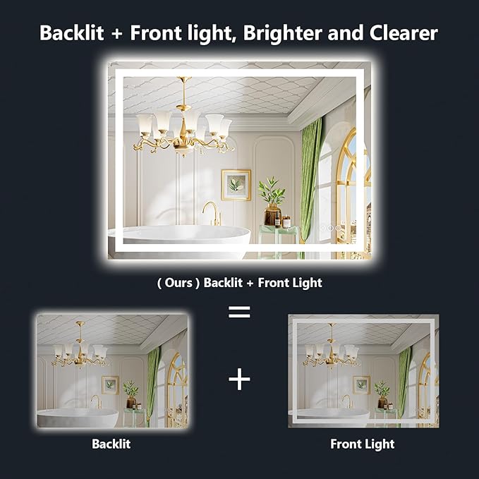 50x32 Inch LED Bathroom Mirror with Lights Front and Backlit Lighted Vanity Mirror for Bathroom Wall with 3 Colors Dimmable Anti-Fog Memory Shatter-Proof IP54 Waterproof Horizontal/Vertical