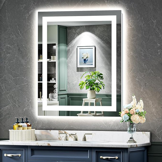 28x32 Inch LED Bathroom Mirror with Lights Front and Backlit Lighted Vanity Mirror for Bathroom Wall with 3 Colors Dimmable Anti-Fog Memory Shatter-Proof IP54 Waterproof Horizontal/Vertical