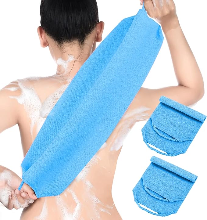 2 Pack Exfoliating Back Scrubber with Handles,Nylon Back Exfoliator Extended Length Back Washers Stretchable for Body Cleans Skin Massages for Women Men(Blue)