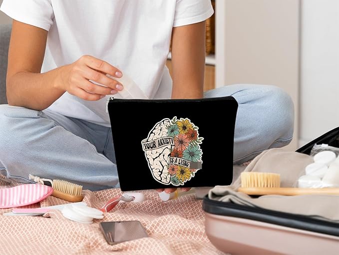 Makeup Bag,Mental Health Gifts,Motivational Gifts for Women,Your Anxiety is a Lying Mental Health Brain with Flowers Makeup Bags,Affirmations Cosmetic Bag,Travel Makeup Bag,Small Makeup Bag