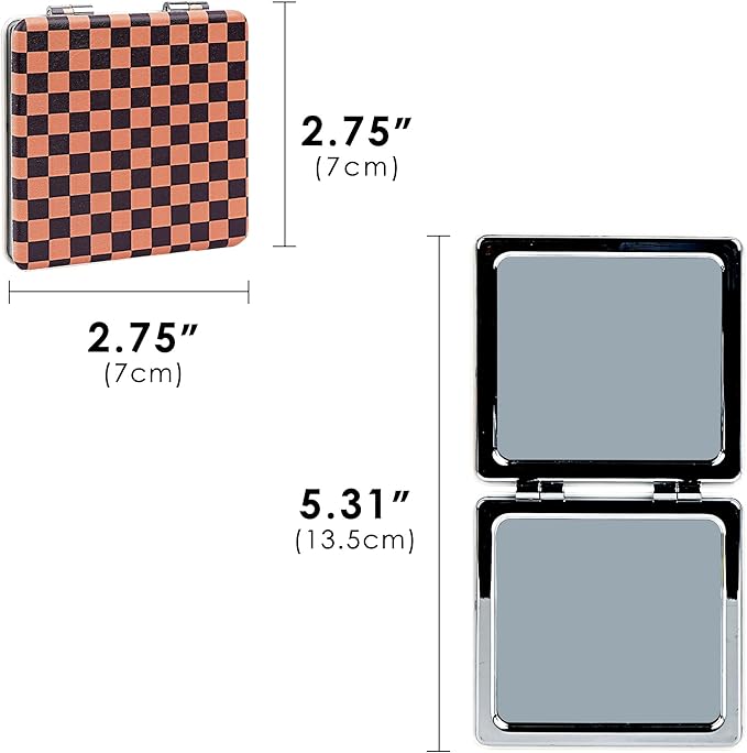 2 Pack Compact Mirror Black Brown Checkered Pattern, Portable Pocket Mirror with Double-Sided Magnification for Makeup, Touch-up and Travel