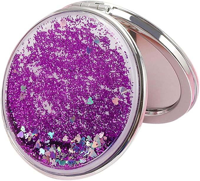 AKOAK 1 Pack Compact Mirror, Portable Quicksand Pocket Travel Makeup Mirror, Folding Hand-held Double Sided 1x/2x Magnifying Glass, Great Gift for Women and Girls (Purple)