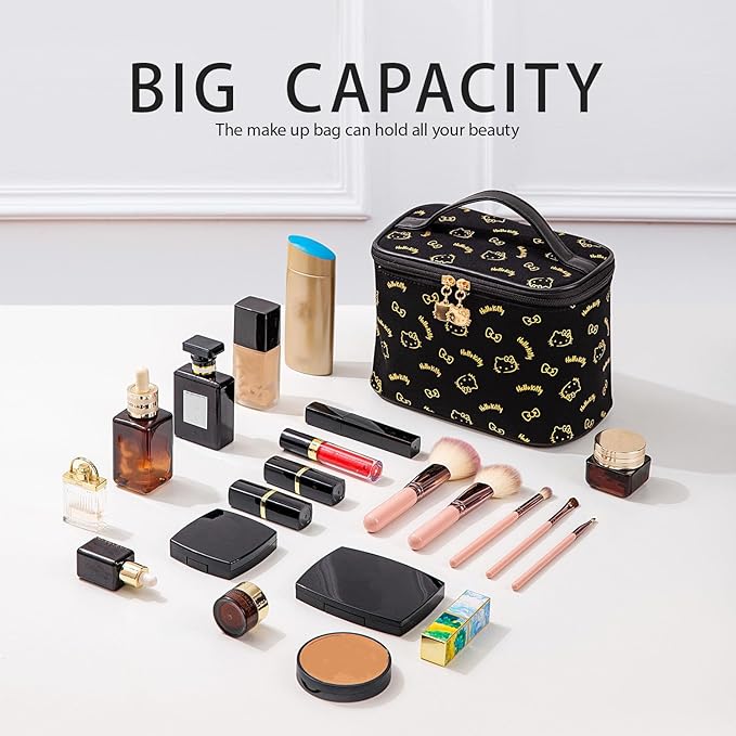 AmBealla Make up Bag Travel Cosmetic Bags Brush Holder Zipper Pouch Case Organizer Cute Organizer Suitable for Purse for Women (Black Bucket Bag)