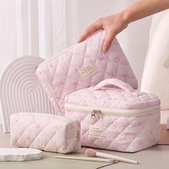 3 Piece Cute Bow Pink Quilted Makeup Bag Set, Large Capacity Travel Makeup Bags for Women and Girls, Includes Small, Medium, and Extra Large aesthetic makeup&Cosmetic Bags (3PCS-Pink SlimBow)