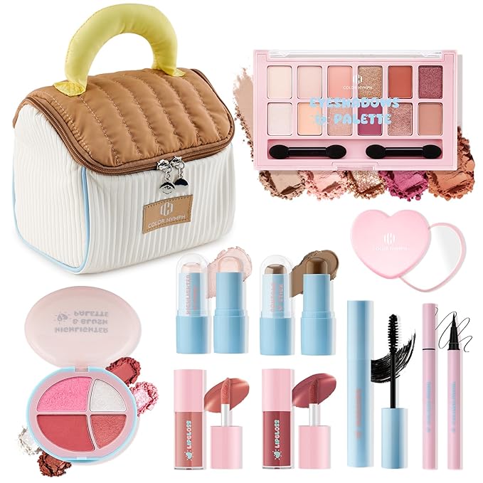 Color Nymph Makeup Sets For Teens Girls with Cutie Pie Handbag, All In One Girls Makeup Kits for Girl Women Full Kit Included Eyeshadow Blush Contour Highlighter Lipgloss Mascara Eyeliner and Mirror