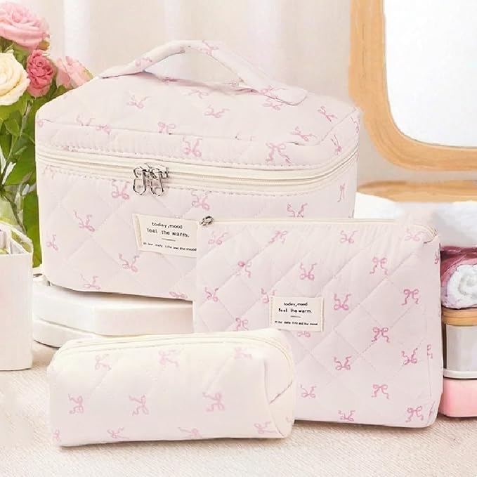3 Pcs Quilted Makeup Bag Set,Coquette Bow Make up Bag,Cute Floral Makeup Bags Large Travel Toiletry Cosmetic Bag Organizer for Women Girls (I-3PCS)