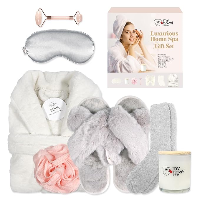 Birthday Gifts for Women,Spa Robe and Slippers Set, Bathrobe With Silky Satin Sleep Mask, Scented Candle Self Care 7 Pack Suitable for Christmas Thanksgiven Day Grey