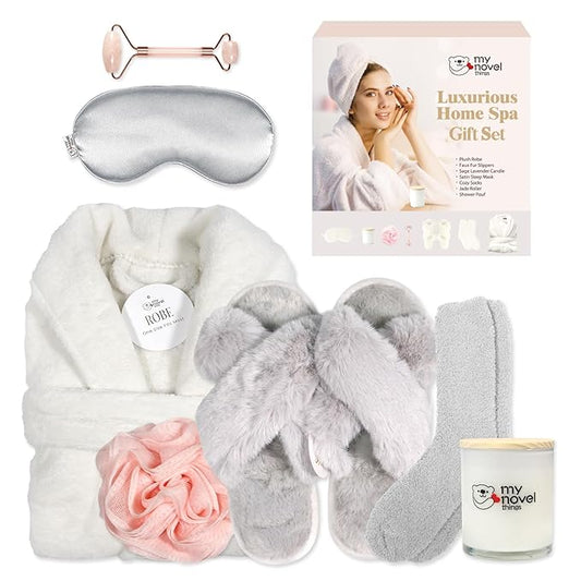 Birthday Gifts for Women,Spa Robe and Slippers Set, Bathrobe With Silky Satin Sleep Mask, Scented Candle Self Care 7 Pack Suitable for Christmas Thanksgiven Day Grey