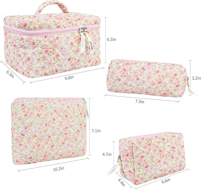 4Pcs Quilted Makeup Bag Set Cute Floral Cosmetic Bag Cotton Coquette Make up Bag Aesthetic Travel Toiletry Bag for Women Girls