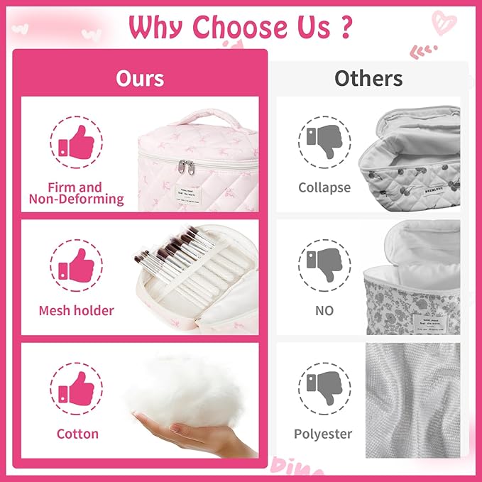 3 Piece Cute Bow Pink Quilted Makeup Bag Set, Large Capacity Travel Makeup Bags for Women and Girls, Includes Small, Medium, and Extra Large aesthetic makeup&Cosmetic Bags (3PCS-Pink SlimBow)