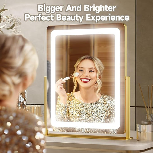 PRIMETEK Vanity Mirror with Lights, 19"x22" Large Makeup Mirror with Lights, LED Lighted Makeup Mirror, Touch Screen with 3-Color Lighting, Dimmable for Vanity Desk Tabletop, Bedroom, Gold