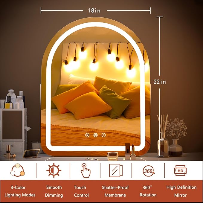 Makeup Mirror with Lights, 18" x 22" Vanity Mirror, 3 Color Modes, Dimmable Light, 360 Rotation