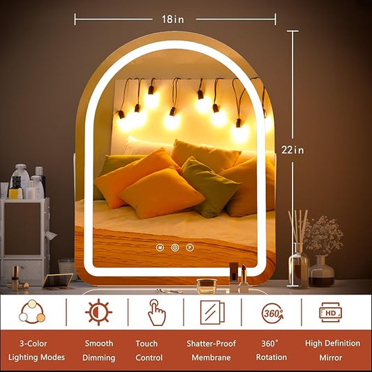 Makeup Mirror with Lights, 18" x 22" Vanity Mirror, 3 Color Modes, Dimmable Light, 360 Rotation