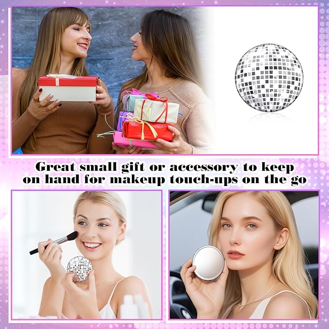 24 Pcs Disco Ball Compact Mirror Bulk 2.7 Inch Vintage Round Pocket Mirrors for Purse Makeup Mini Mirror for Women Disco Party Supply Travel Daily (Silver)
