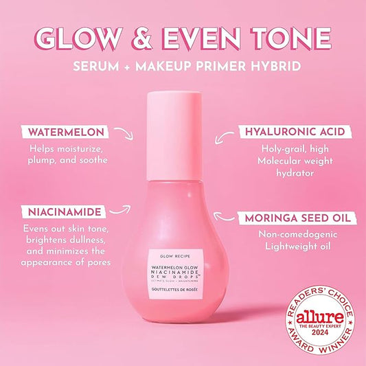 Glow Recipe Watermelon Niacinamide Dew Drops - Brightening, Plumping Hydrating Face Serum, Makeup Primer + Liquid Highlighter with Hyaluronic Acid - Dewy & Glowing Korean Skin Care (40ml)