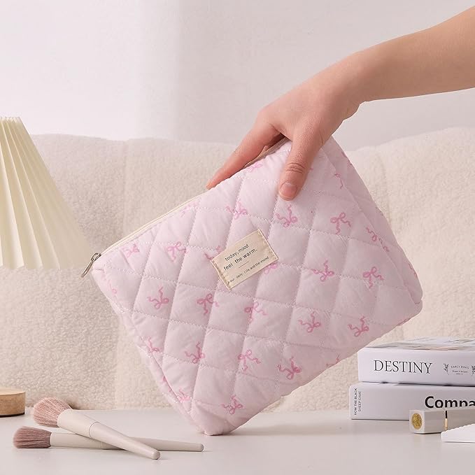 3 Piece Cute Bow Pink Quilted Makeup Bag Set, Large Capacity Travel Makeup Bags for Women and Girls, Includes Small, Medium, and Extra Large aesthetic makeup&Cosmetic Bags (3PCS-Pink SlimBow)