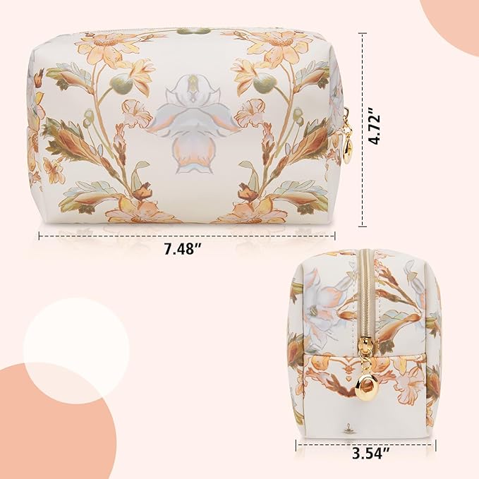 Makeup Bags for Women, Small Leather Cosmetic Bag for Purse, Floral Waterproof Make up Pouch Organizer, Zipper Portable Storage Travel Toiletry Bag Gifts(Apricot Flower)