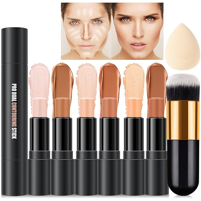 6 Colors Cream Contour Stick Makeup Kit,Shades with Highlighter and Blush Bronzer Contour Stick for Sculpt the Cheeks,Long Lasting,Waterproof,Matte & Dewy Finish for Woman (SET B)