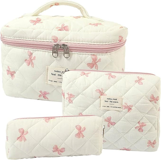 3 Pcs Quilted Makeup Bag Set,Coquette Bow Make up Bag,Cute Floral Makeup Bags Large Travel Toiletry Cosmetic Bag Organizer for Women Girls (L-3PCS)